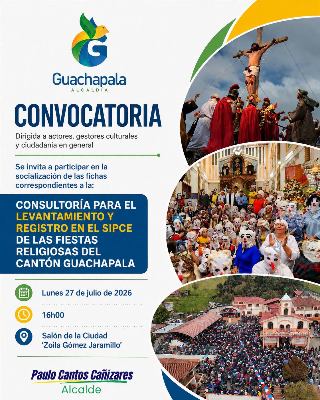 Flyer de convocatoria para la socialización de las fichas SIPCE de las fiestas religiosas de Guachapala