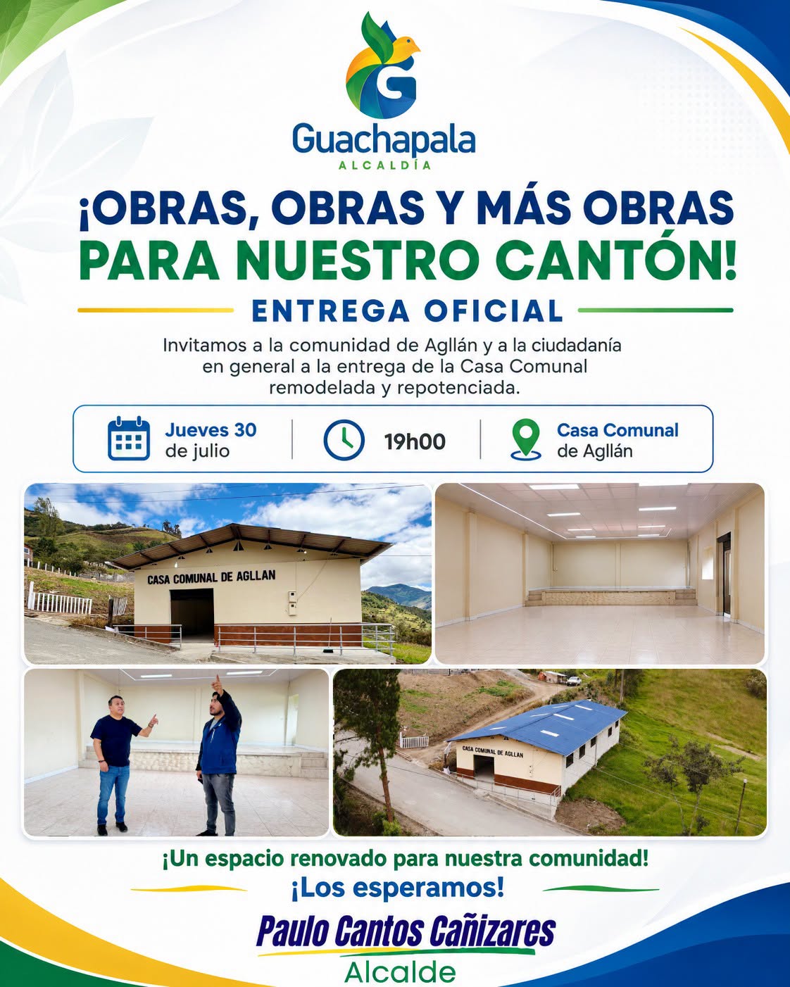 Invitación a la entrega oficial de la Casa Comunal remodelada y repotenciada de Agllán